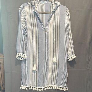 Blue Island Nautical Striped Hooded Coverup Blue and White